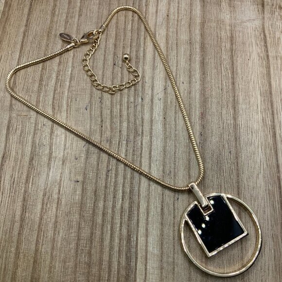 Chico's Openwork Black & Gold Tone Enamel Pendant Necklace - Picture 2 of 7